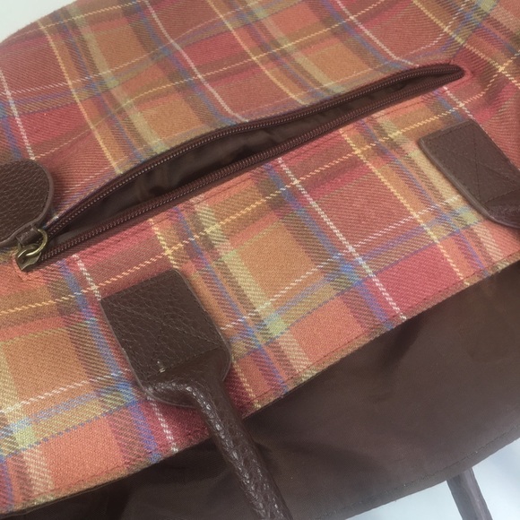 Longaberger Brown Plaid Tote Shoulder Bag 25th Celebration Bee Flap Pockets - Picture 2 of 5